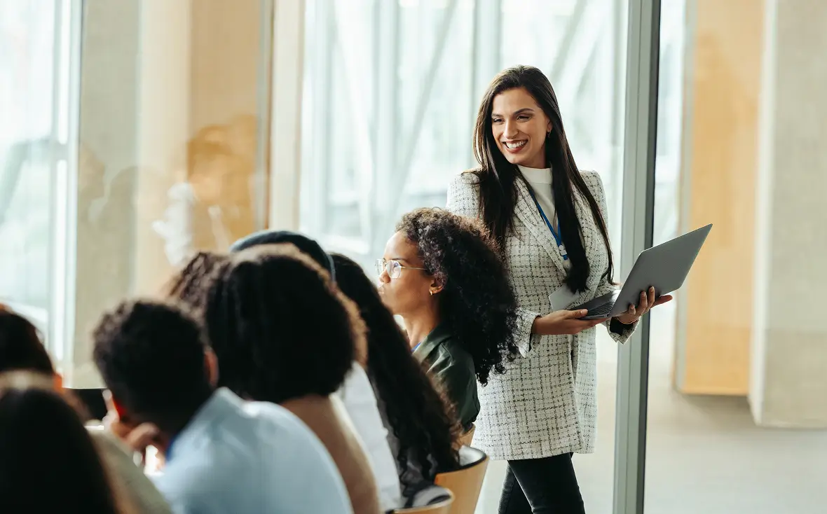 Confident businesswoman leading a team discussion