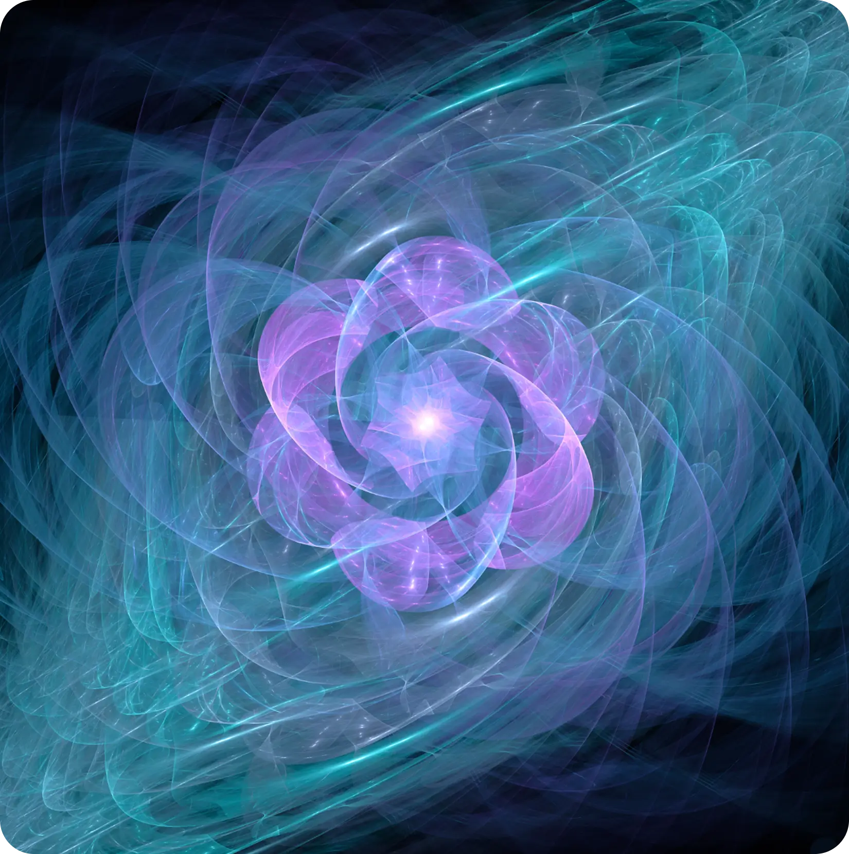 Abstract fractal flower radiating light in shades of violet and teal